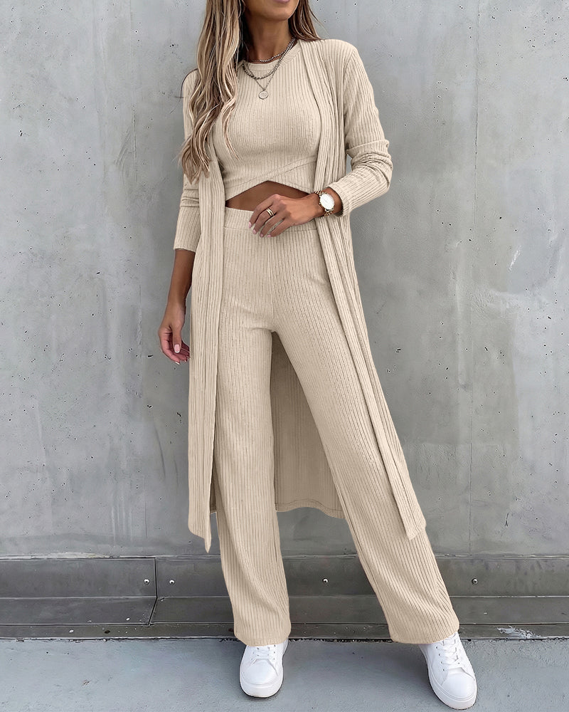 Women's 3 Piece Knit Set Long Cardigan Criss Cross Crop Tank Top and Wide Leg Pants Casual Ribbed Brushed Lounge Set