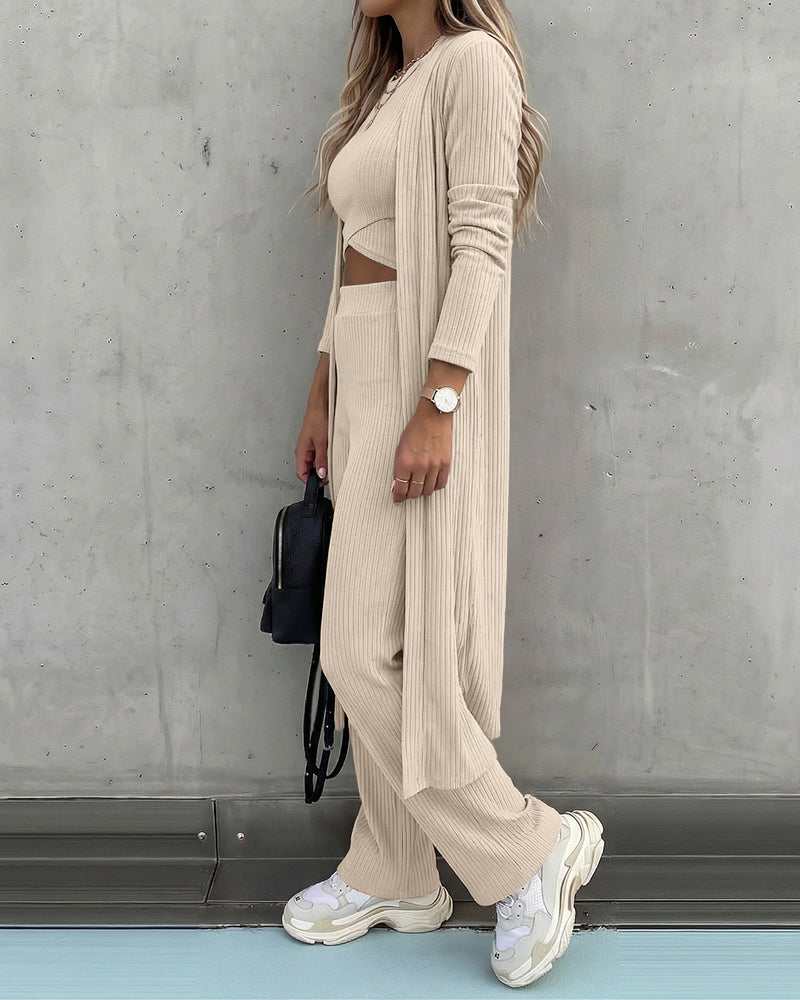 Women's 3 Piece Knit Set Long Cardigan Criss Cross Crop Tank Top and Wide Leg Pants Casual Ribbed Brushed Lounge Set