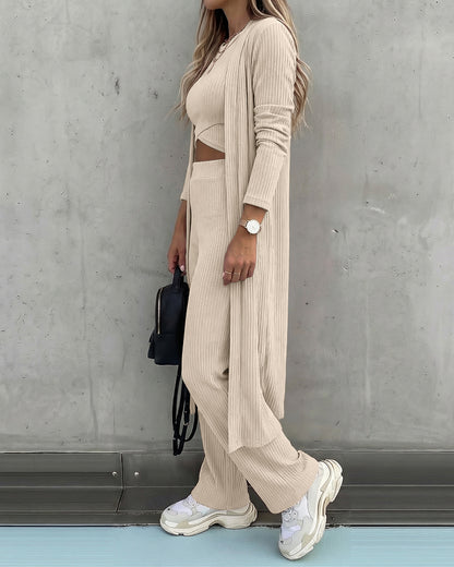Women's 3 Piece Knit Set Long Cardigan Criss Cross Crop Tank Top and Wide Leg Pants Casual Ribbed Brushed Lounge Set