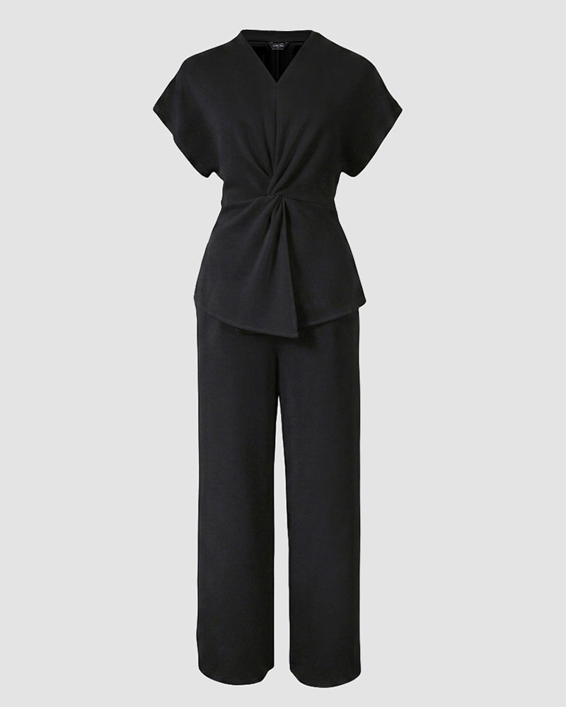 Women's 2 Piece Outfits V Neck Twist Front Slit Top and High Waisted Straight Leg Pants Set Commute Business Casual Suit