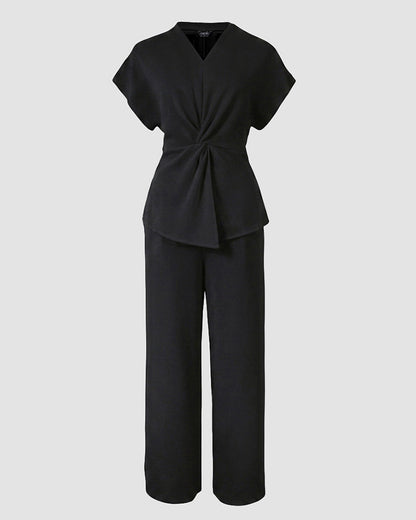 Women's 2 Piece Outfits V Neck Twist Front Slit Top and High Waisted Straight Leg Pants Set Commute Business Casual Suit