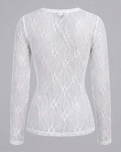Women's Jacquard Textured Sheer Lace Long Sleeve Top Crewneck Slim Fit Tee with Thumb Holes