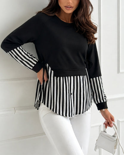Women's Faux Two-Piece Striped Patchwork Sweatshirt Long Sleeve Tied Detail Loose Fit Casual Top