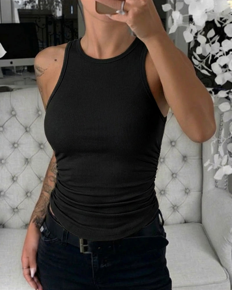 Round Neck Sleeveless Side Ruched Tank Slim Fit Ribbed Racerback Tank Top