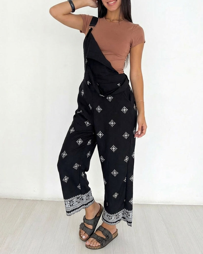 Vintage Embroidered Tribal Pattern Adjustable Straps Elastic Back Waist Suspender Jumpsuit with Front Bib Pocket