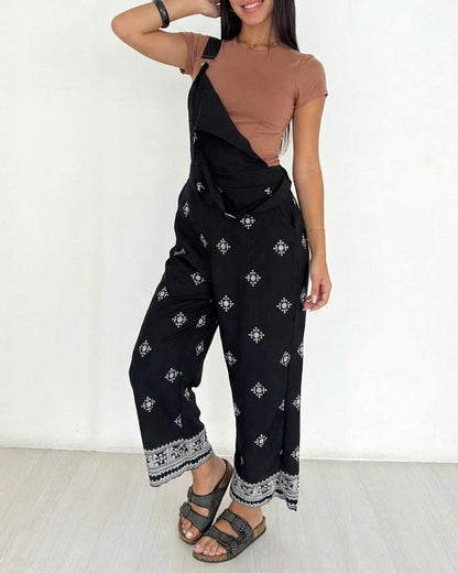 Vintage Embroidered Tribal Pattern Adjustable Straps Elastic Back Waist Suspender Jumpsuit with Front Bib Pocket