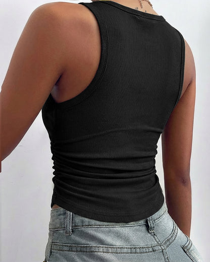 Round Neck Sleeveless Side Ruched Tank Slim Fit Ribbed Racerback Tank Top