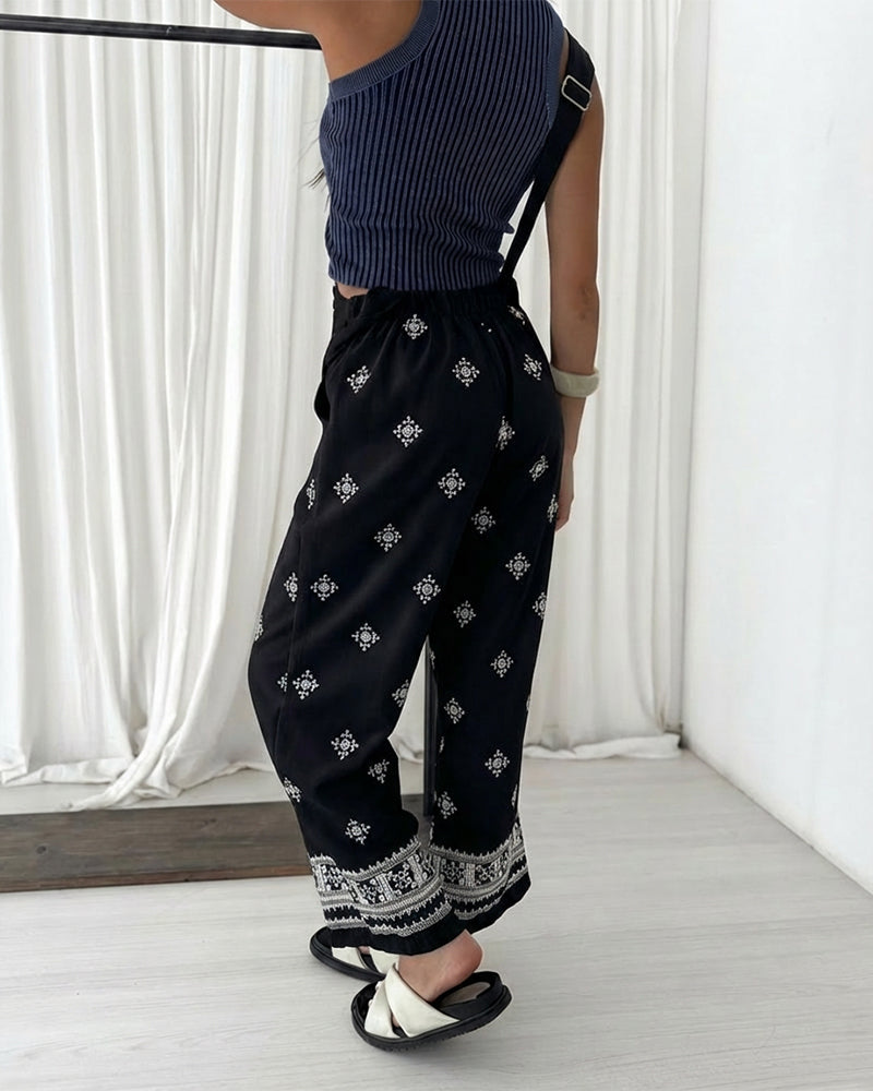 Vintage Embroidered Tribal Pattern Adjustable Straps Elastic Back Waist Suspender Jumpsuit with Front Bib Pocket