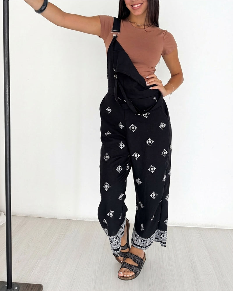 Vintage Embroidered Tribal Pattern Adjustable Straps Elastic Back Waist Suspender Jumpsuit with Front Bib Pocket