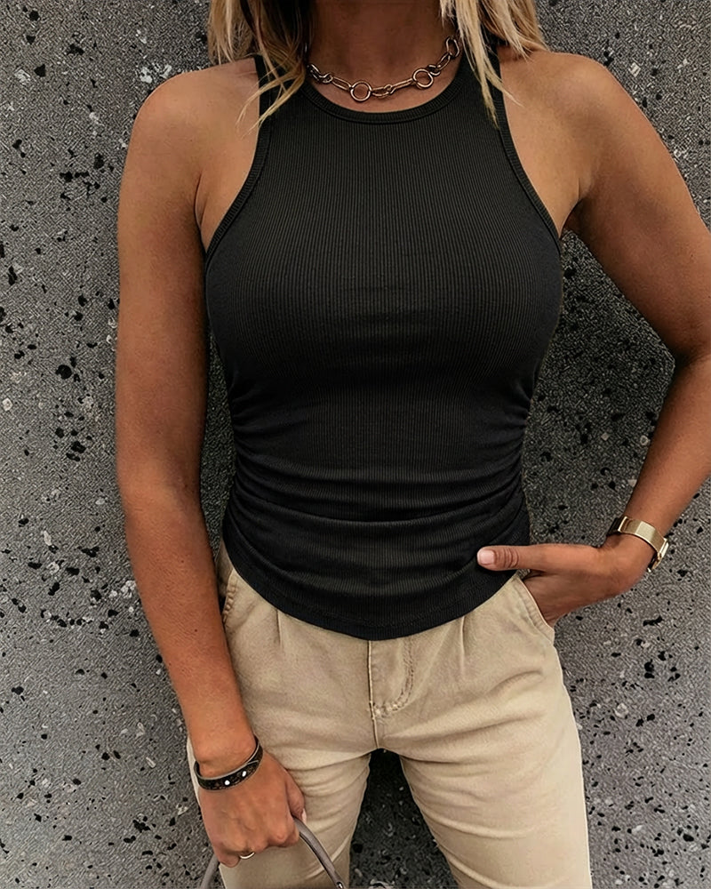 Round Neck Sleeveless Side Ruched Tank Slim Fit Ribbed Racerback Tank Top