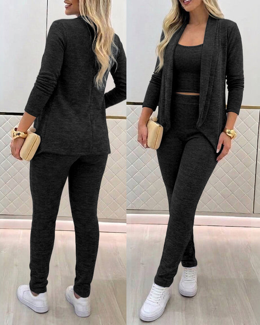 Women's 3-Piece Knit Set Shawl Collar Cardigan with Crop Tank and High Waisted Slim Fit Pants Casual Loungewear