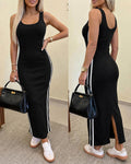 Women's Side Stripe Ribbed Maxi Dress U-Neck Sleeveless Bodycon Dress Backless Slit Tank Dress