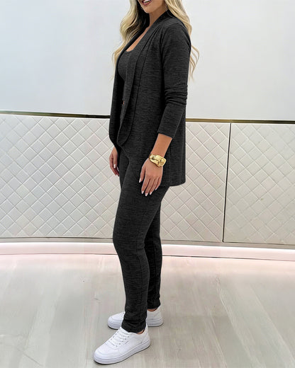Women's 3-Piece Knit Set Shawl Collar Cardigan with Crop Tank and High Waisted Slim Fit Pants Casual Loungewear