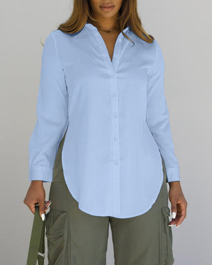 Turn-down Collar Roll Up Sleeve Button Front Shirt Casual Side Slit Curved Hem Top