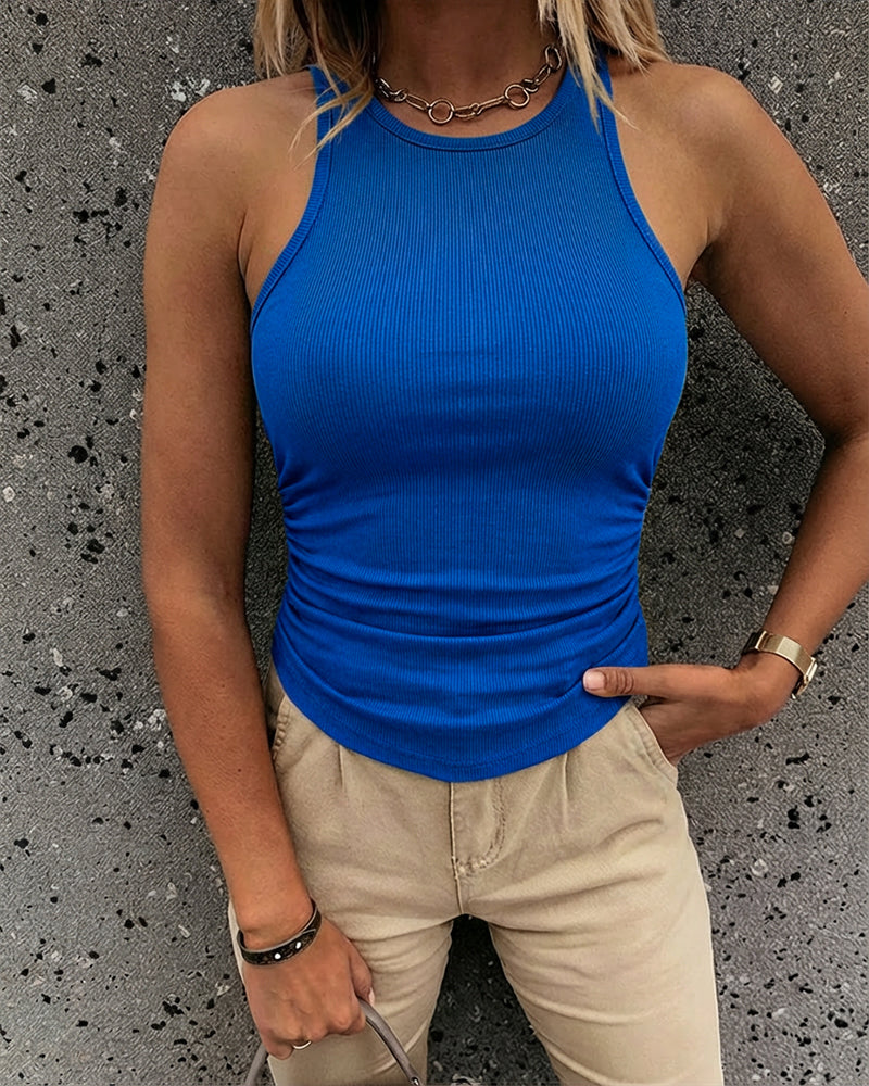 Round Neck Sleeveless Side Ruched Tank Slim Fit Ribbed Racerback Tank Top