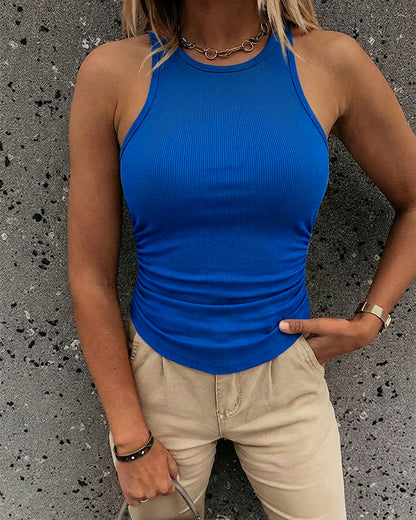 Round Neck Sleeveless Side Ruched Tank Slim Fit Ribbed Racerback Tank Top