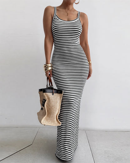 Women's Striped Ribbed Knit Maxi Dress Slim Fit Sleeveless Cami Dress Beach Vacation Sundress