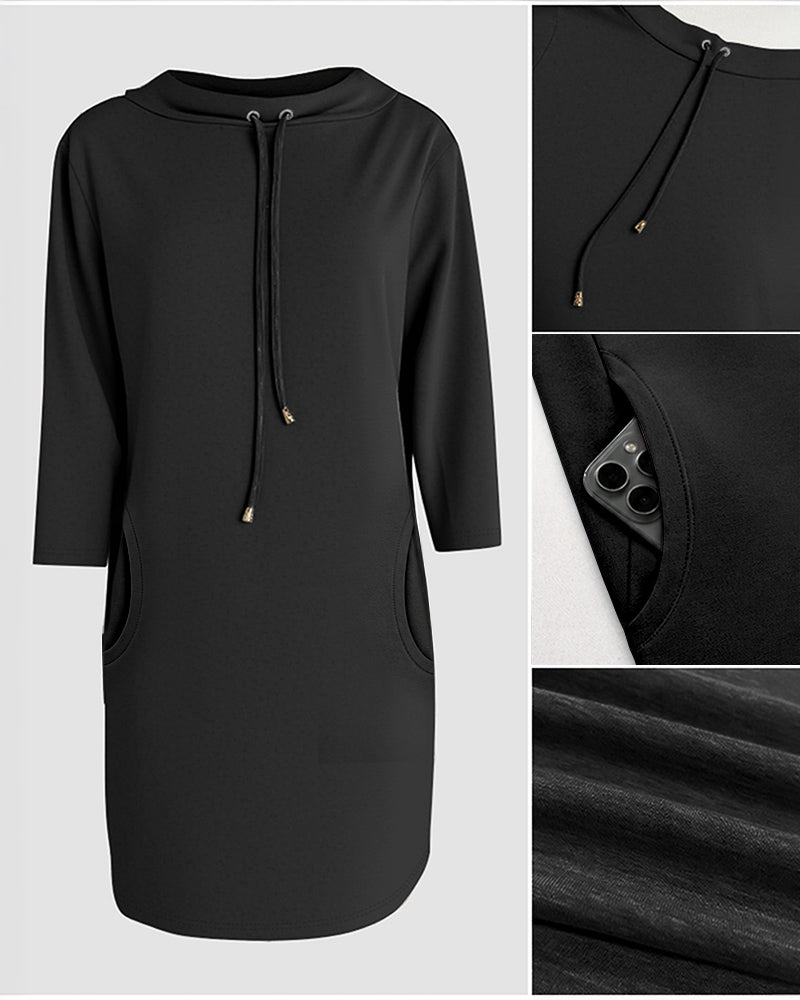 Vestido sudadera casual con cuello alto, cordón ajustable y mangas tres cuartos