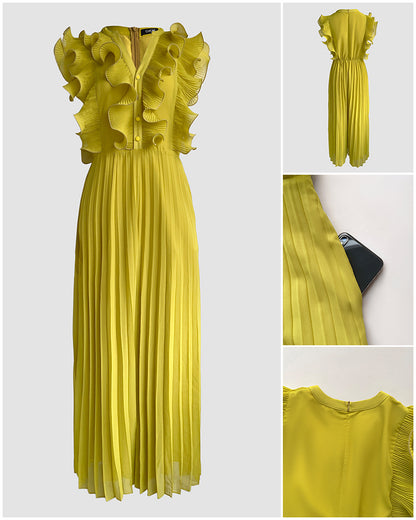 Ruffles Spliced V-Neck Sleeveless Button Front Pleated Overalls Casual Zipper Back Wide Leg Jumpsuit