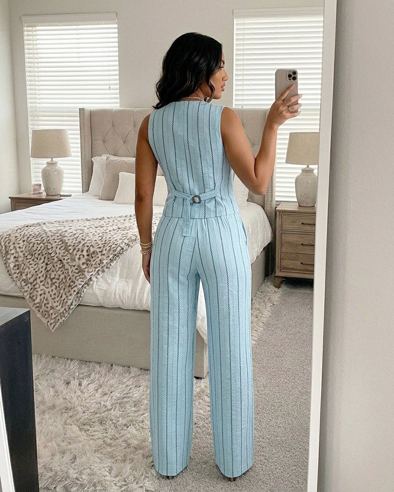 2 Pieces Outfit V-Neck Sleeveless Button Front Adjustable Buckle Back Vest and Elastic Back Waist Wide Leg Pants Set Casual Striped Commuting Set
