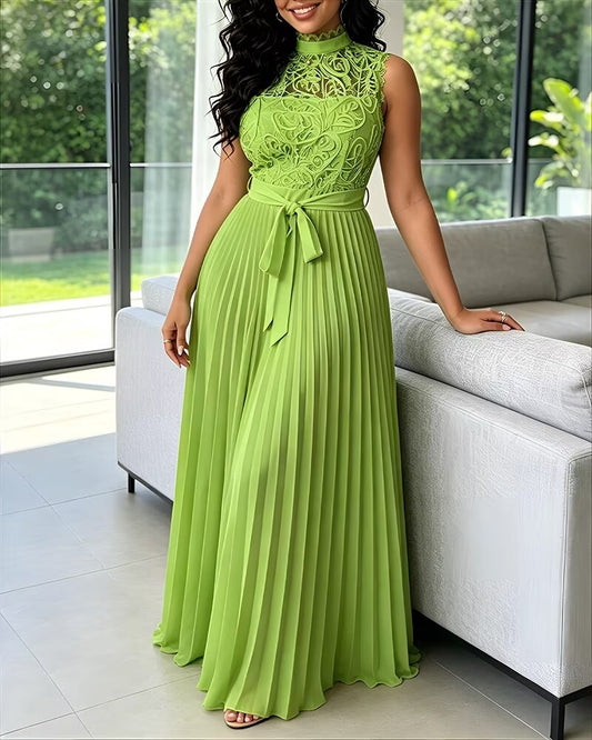 Mock Neck Sleeveless high Waist Pleated Maxi Dress Elegant Lace & Braided Spliced Zipper Back Evening Dress with Belt
