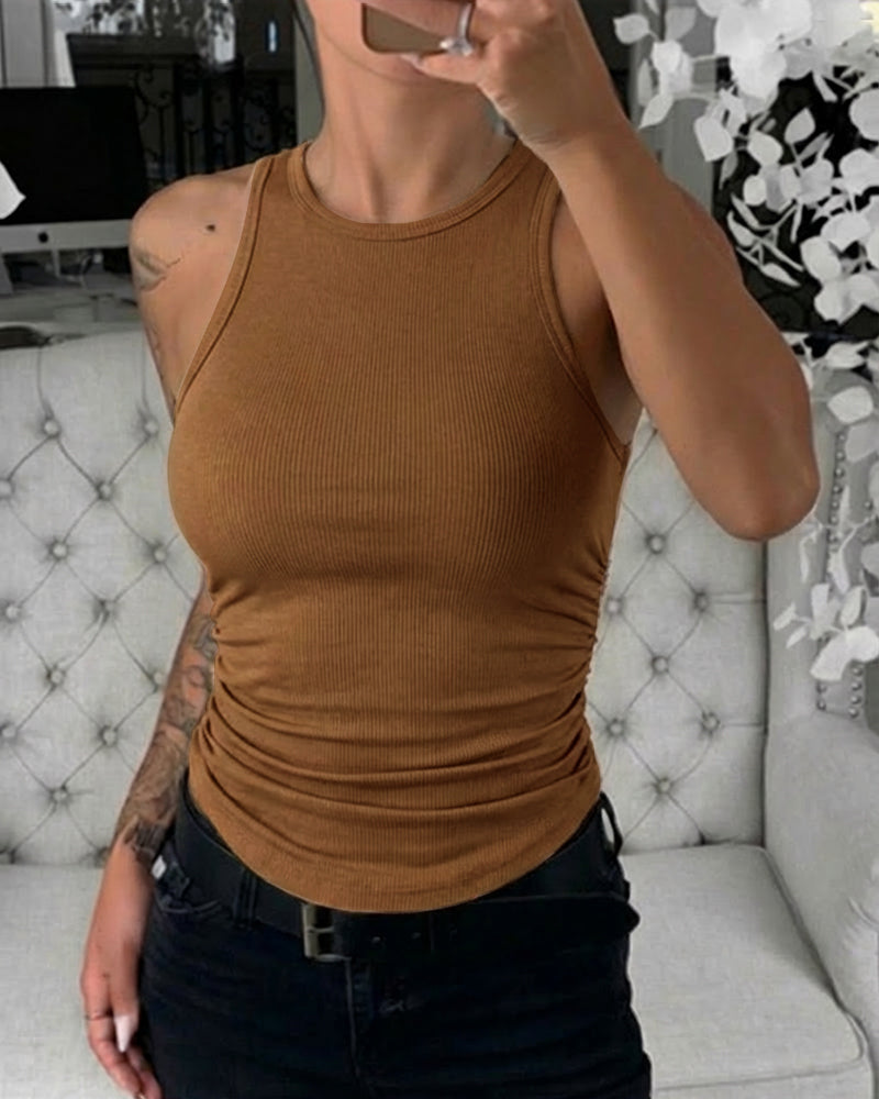 Round Neck Sleeveless Side Ruched Tank Slim Fit Ribbed Racerback Tank Top