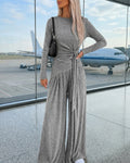 Women's 2 Piece Knit Lounge Set Long Sleeve Tie Waist Top and High Waisted Wide Leg Pants Casual Soft Sweatsuit with Pockets