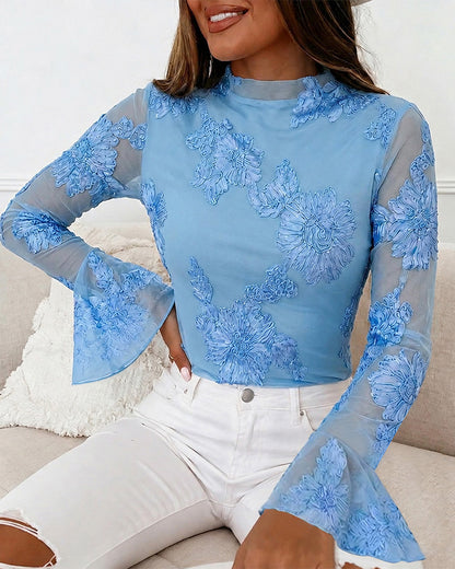 Women's French Style Mesh Top Floral Jacquard Mock Neck Long Sleeve Blouse Elegant Flare Cuffs Slim Fit Layered Top