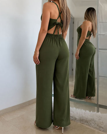 Women's Hollow Out Twist Front Jumpsuit Sexy Backless Criss Cross Tied Cami High Waist Straight Leg Overalls