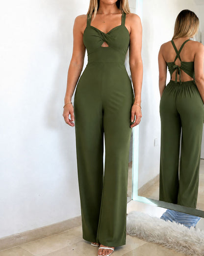 Women's Hollow Out Twist Front Jumpsuit Sexy Backless Criss Cross Tied Cami High Waist Straight Leg Overalls