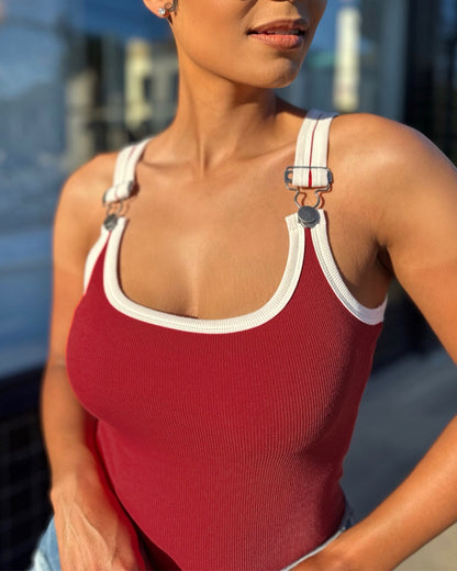 Women's Contrast Binding Camisole Rib-Knit Slim Fit Tank Top Sexy Cami with Metal Buckle Straps