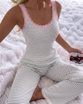 Women's 2 Piece Lace Trim Stripe Lounge Set Sleeveless Tank Top and Wide Leg Pants Set Rib Knit Pajamas Set with Pockets