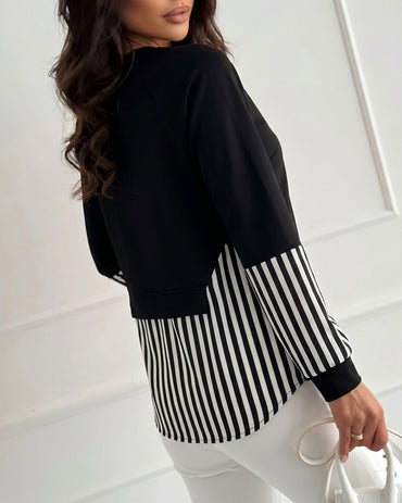 Women's Faux Two-Piece Striped Patchwork Sweatshirt Long Sleeve Tied Detail Loose Fit Casual Top