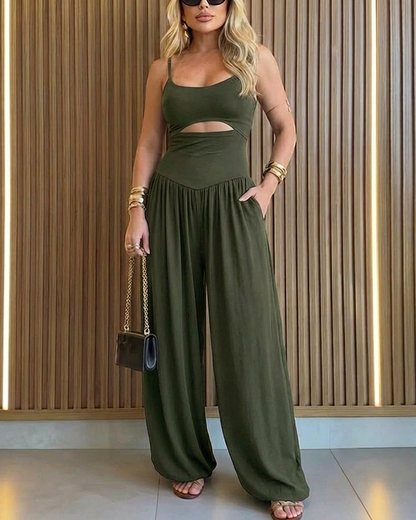 CHICME Women's Cut-out Waist Cami Jumpsuit Backless Tie-Back Lantern Romper Ruched High Waist Summer Jumpsuit