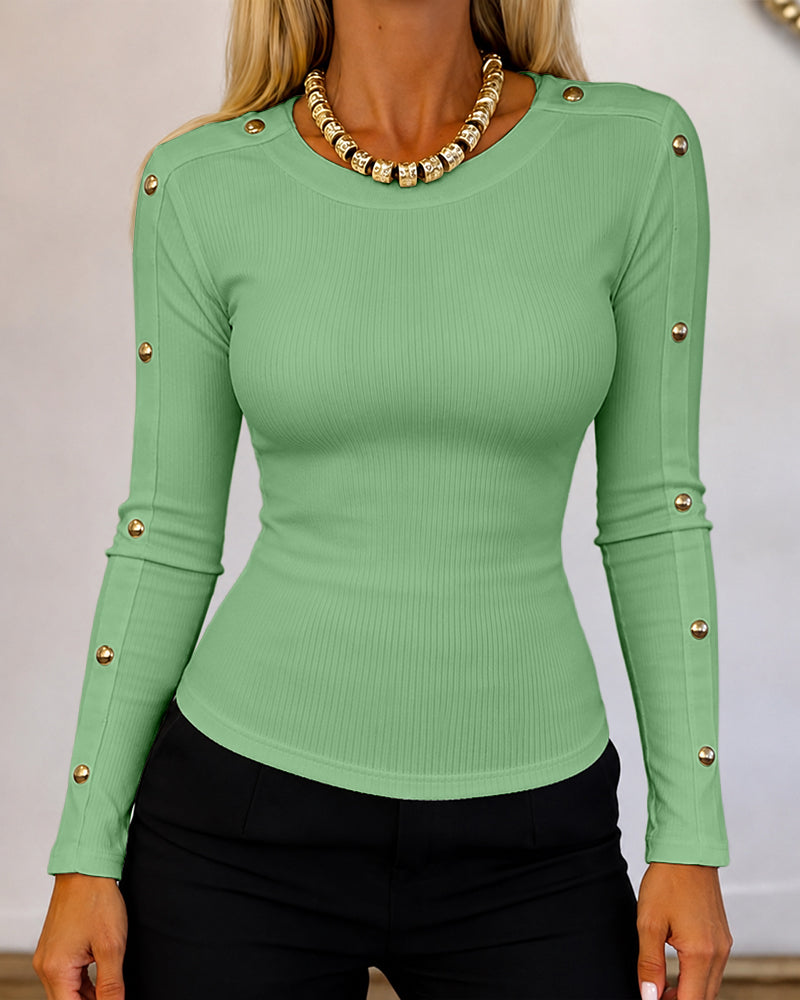 Women's Gold Studded Long Sleeve Rib-Knit T-Shirt Slim Fit Round Neck Top