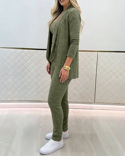 Women's 3-Piece Knit Set Shawl Collar Cardigan with Crop Tank and High Waisted Slim Fit Pants Casual Loungewear