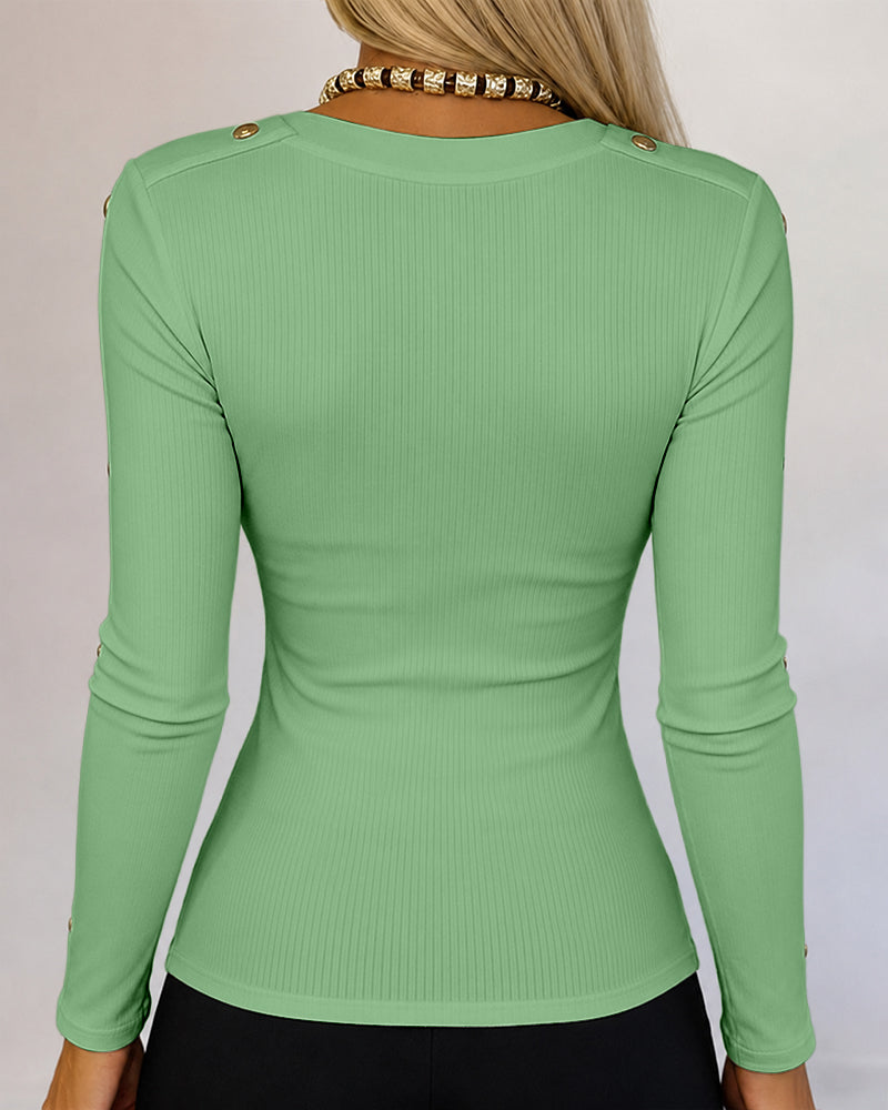 Women's Gold Studded Long Sleeve Rib-Knit T-Shirt Slim Fit Round Neck Top