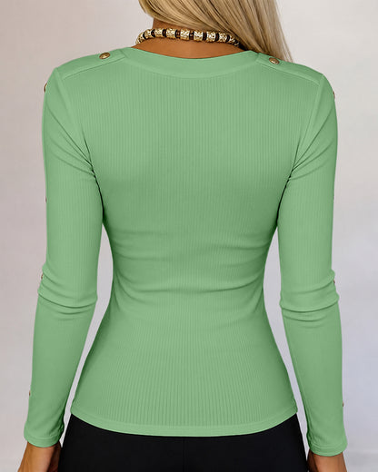 Women's Gold Studded Long Sleeve Rib-Knit T-Shirt Slim Fit Round Neck Top