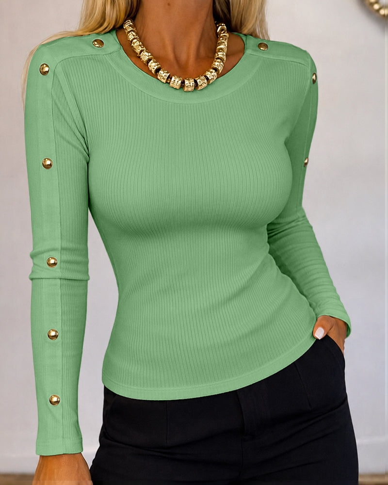 Women's Gold Studded Long Sleeve Rib-Knit T-Shirt Slim Fit Round Neck Top