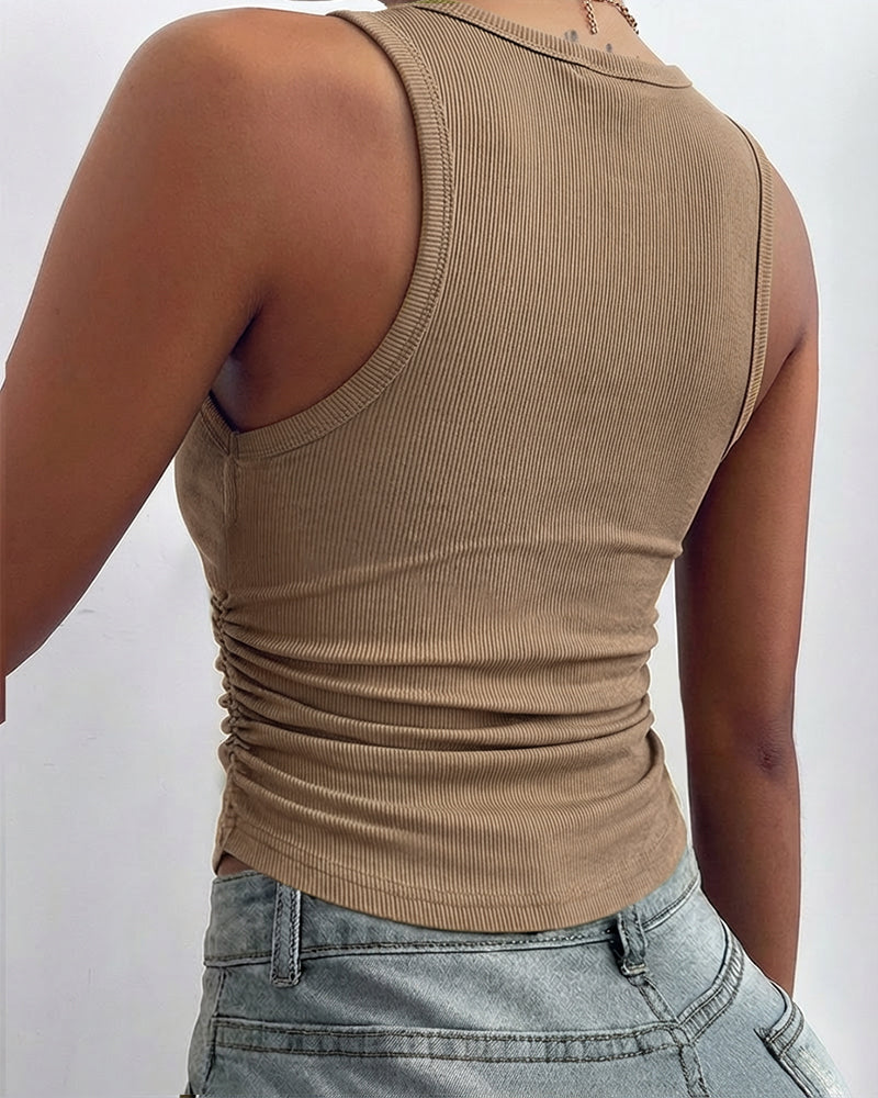 Round Neck Sleeveless Side Ruched Tank Slim Fit Ribbed Racerback Tank Top
