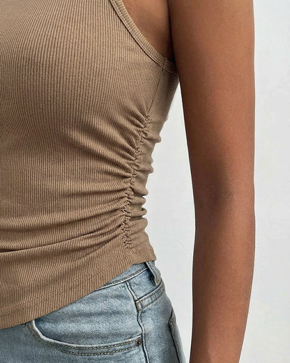Round Neck Sleeveless Side Ruched Tank Slim Fit Ribbed Racerback Tank Top