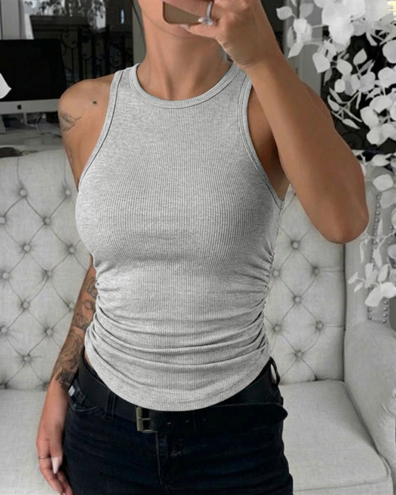 Round Neck Sleeveless Side Ruched Tank Slim Fit Ribbed Racerback Tank Top