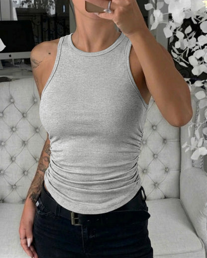 Round Neck Sleeveless Side Ruched Tank Slim Fit Ribbed Racerback Tank Top