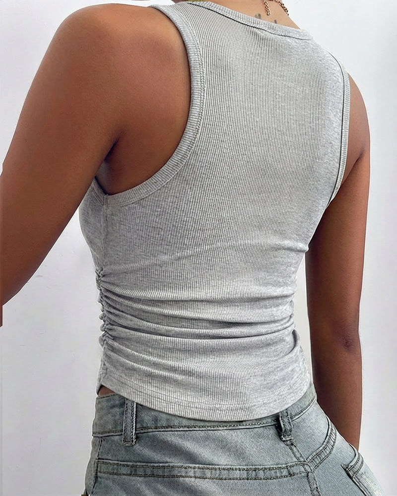 Round Neck Sleeveless Side Ruched Tank Slim Fit Ribbed Racerback Tank Top