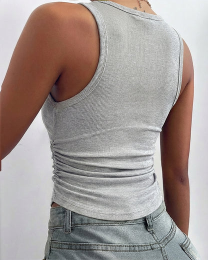 Round Neck Sleeveless Side Ruched Tank Slim Fit Ribbed Racerback Tank Top