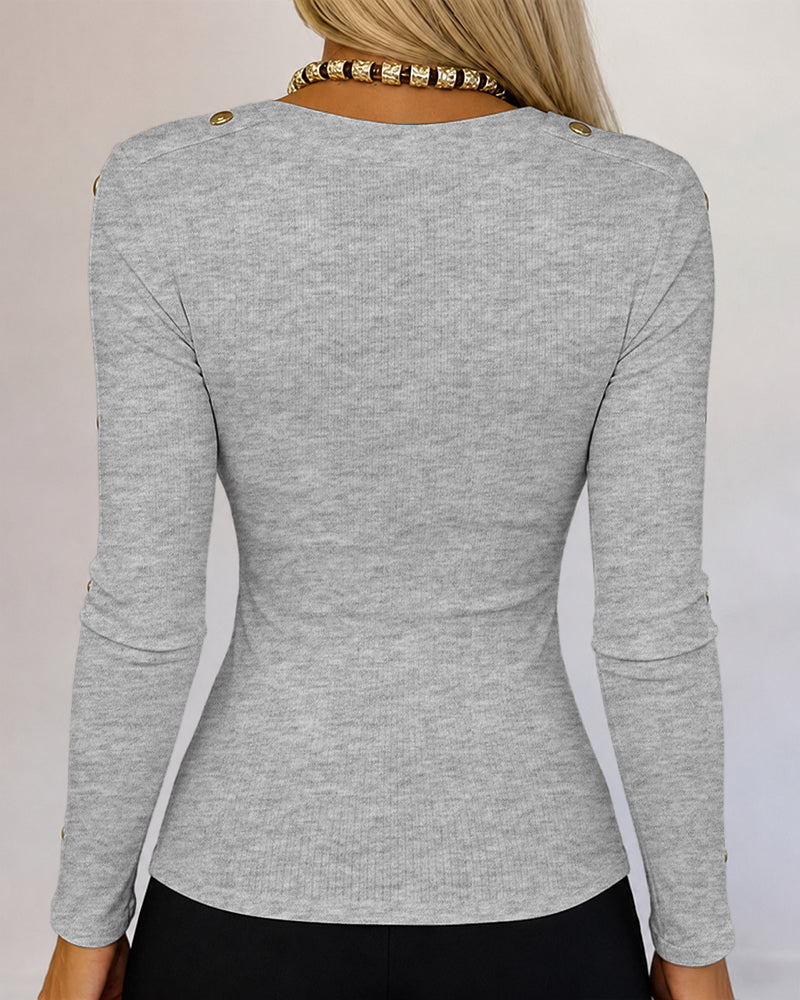 Women's Gold Studded Long Sleeve Rib-Knit T-Shirt Slim Fit Round Neck Top