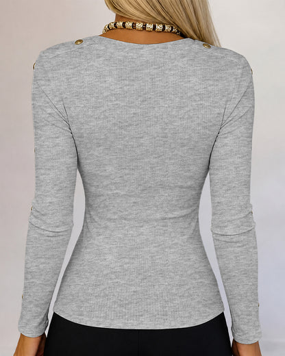 Women's Gold Studded Long Sleeve Rib-Knit T-Shirt Slim Fit Round Neck Top