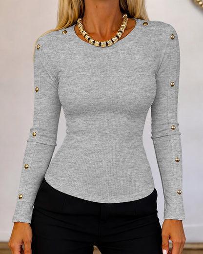 Women's Gold Studded Long Sleeve Rib-Knit T-Shirt Slim Fit Round Neck Top