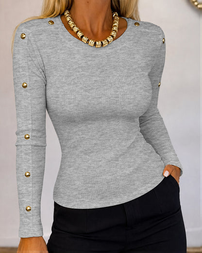 Women's Gold Studded Long Sleeve Rib-Knit T-Shirt Slim Fit Round Neck Top