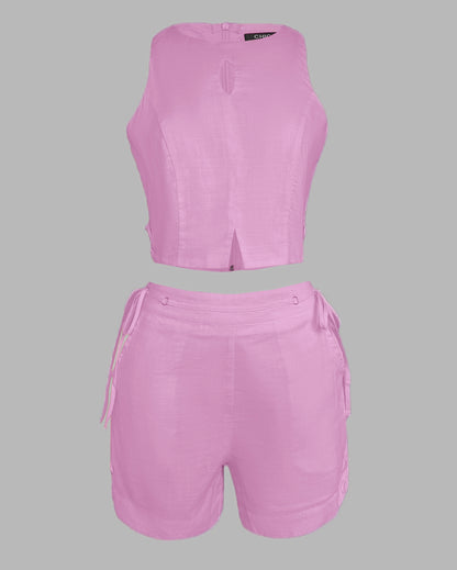 2 Pieces Outfit Button Decor Sleeveless Hollow-out Front Zipper Back Crop Top and Casual Elastic Back Waist Tie Side Shorts Set